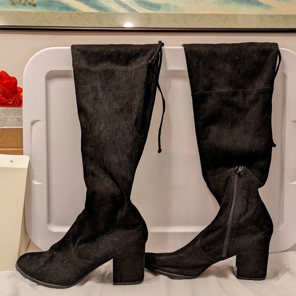 Thigh-High Faux Suede Heeled Boots 7 Black